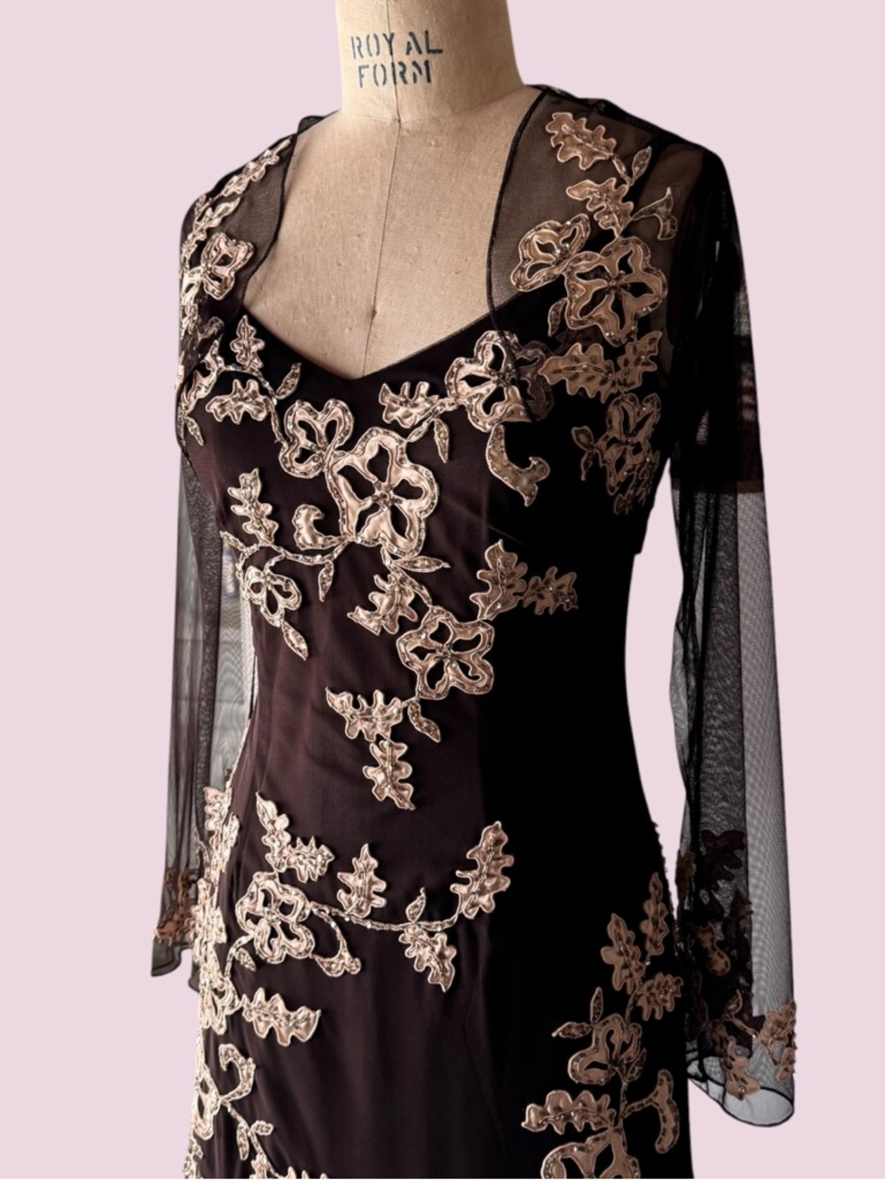 Vintage 90s Xscape Brown Beaded Fairy Maxi Dress and Shawl - Picture 3 of 13